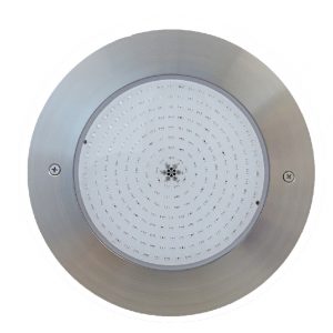 Luz LED redonda empotrada para piscina con borde metálico. Iluminación LED para piscinas.