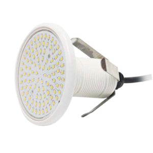 Luz LED empotrable con disipador blanco y cable negro.