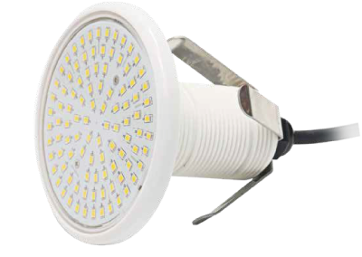 Luz LED empotrable con disipador blanco y cable negro.